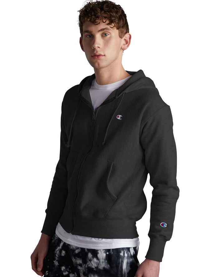 Champion Mens Hoodie NZ - Reverse Weave Full Zip C Logo Black ( 3760-YPJRX )